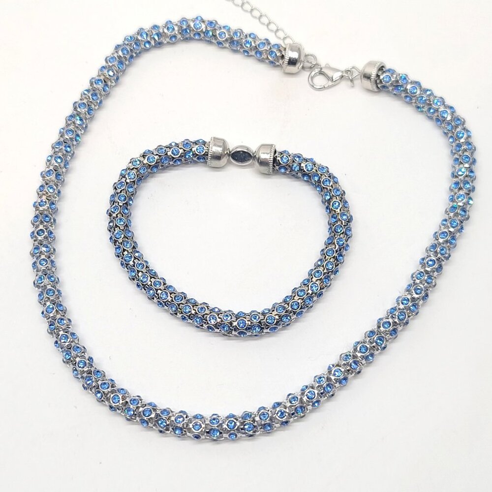 Monet Silver Tone Blue Pavé Rhinestone Mesh Necklace Bracelet Set, 360° Crystal